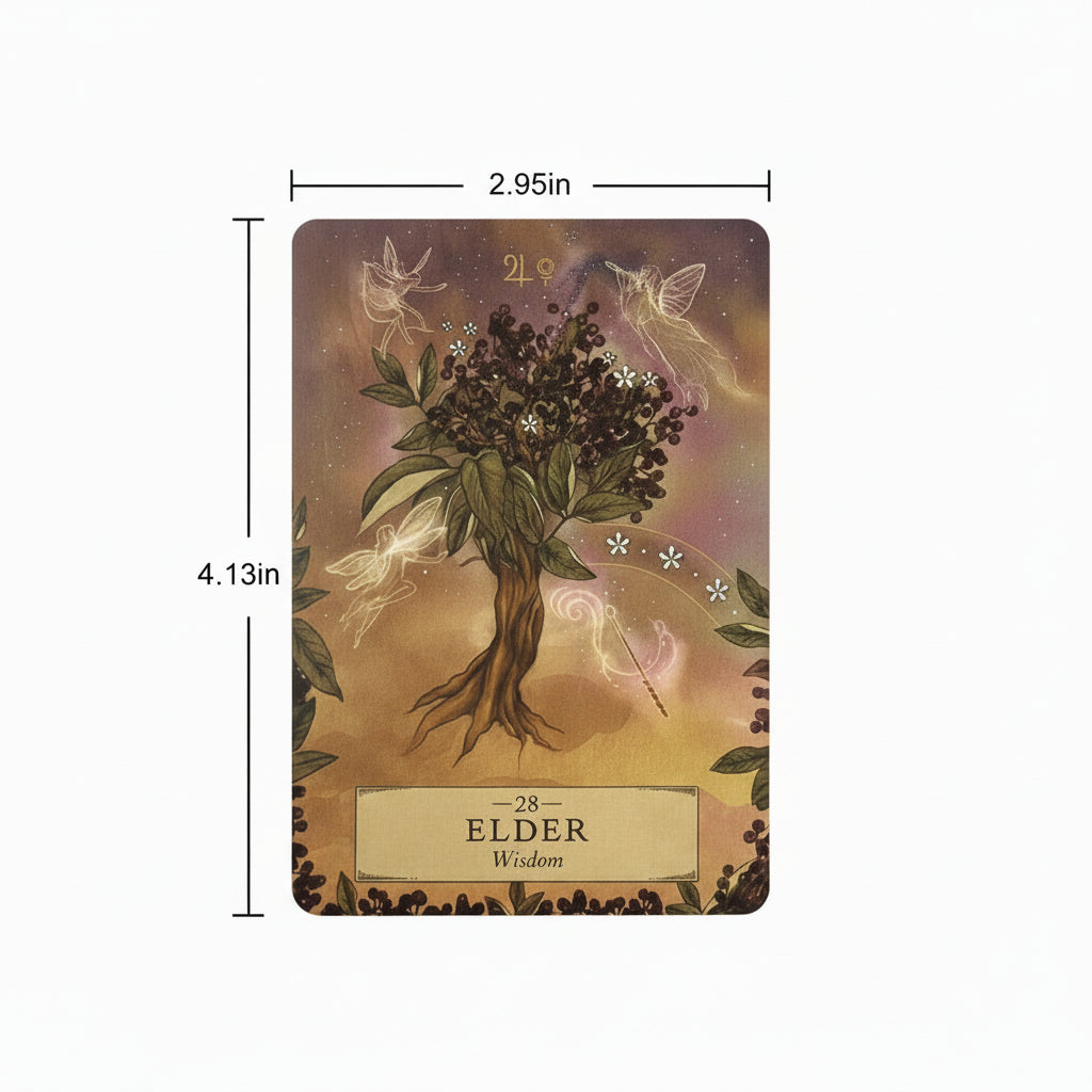 Card with an elder tree design and measurements on a white background