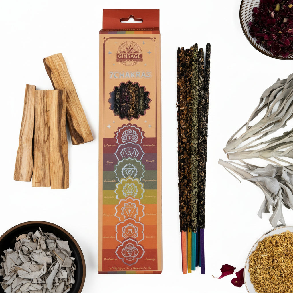 Ginsage 7 Chakras incense packaging on a white surface with various herbs and sticks.