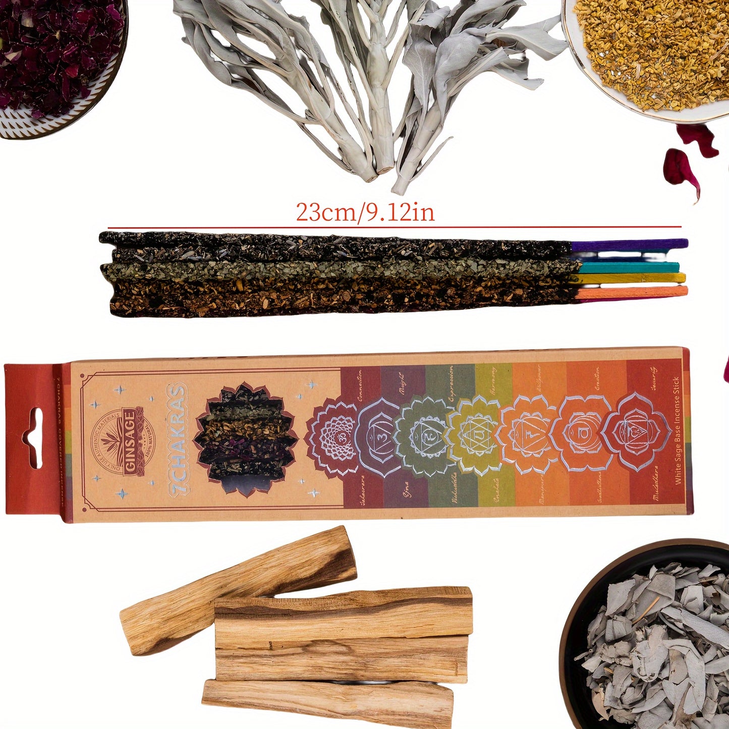 Incense sticks with packaging with dimensions and various incense materials on a white background