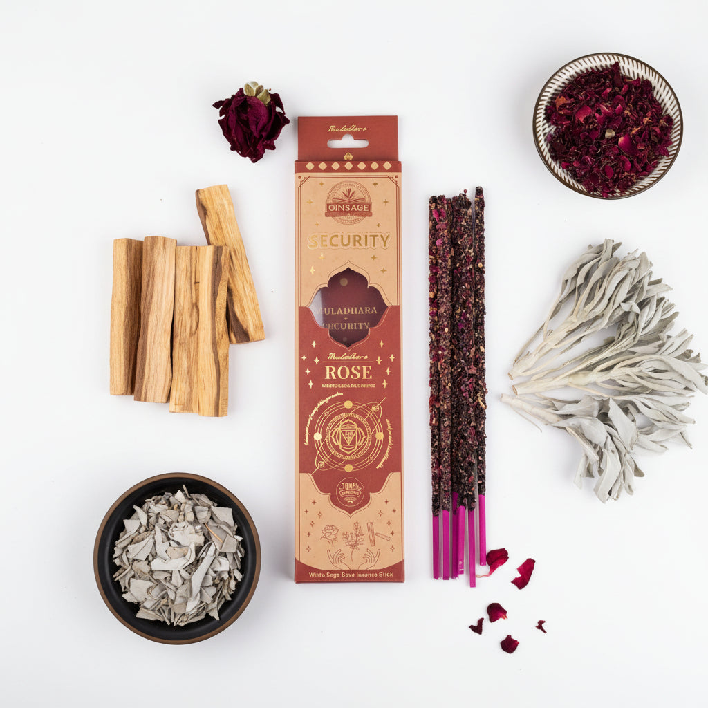 Ginsage Security Incense packaging with rose incense sticks on a white surface