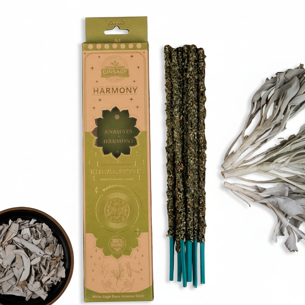 Harmony eucalyptus incense packaging with incense sticks on a white surface