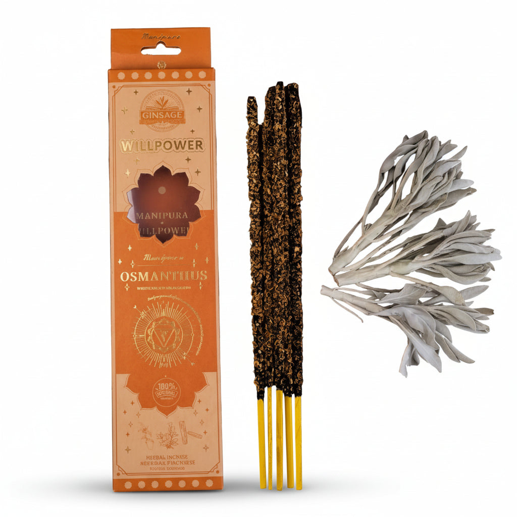 Ginsage Willpower incense packaging on a white surface with osmanthus incense sticks and other elements.