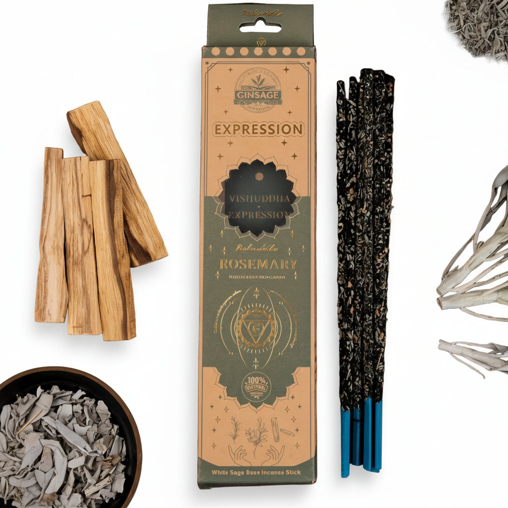 Expression, Rosemary Incense packaging with incense sticks on a white background