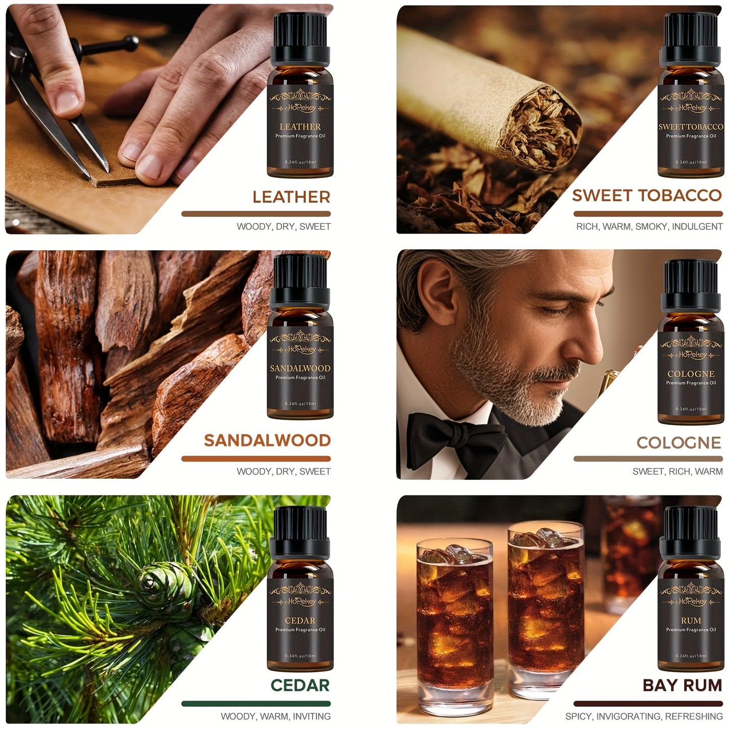 Hopekey men’s fragrance oil set with six 10ml bottles and masculine scent profiles
