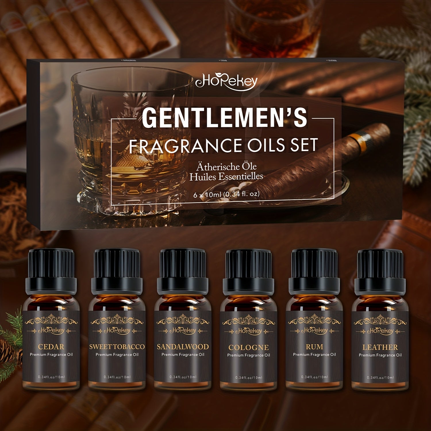 Hopekey men’s fragrance oil gift set with six amber glass bottles labeled cedar, sweet tobacco, sandalwood, cologne, rum, and leather in boxed packaging