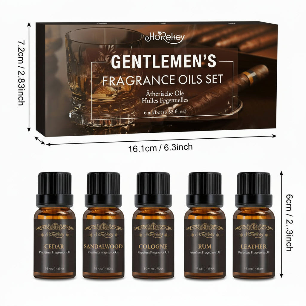 5 Hopekey men’s fragrance oils displayed with gift box and bottle measurements on a white background.