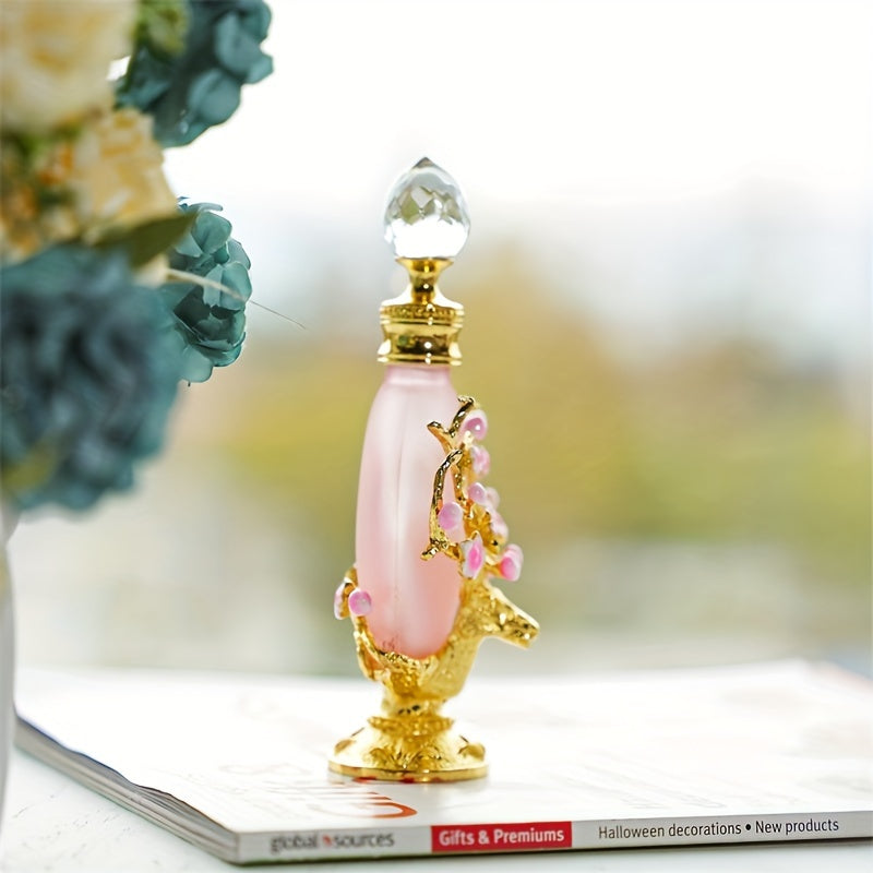 30ML Elegant Pink Perfume Bottle - Luxurious Artificial Crystal, Refillable, Fancy Glass Design, Brand H&D HYALINE & DORA side view display sitting on top of a magazine.