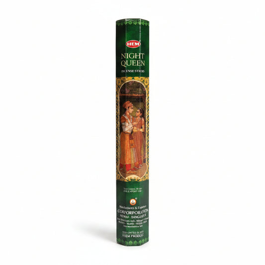 Pack of Night Queen byHEM incense sticks with a green label on a white background. -Clover's Charm