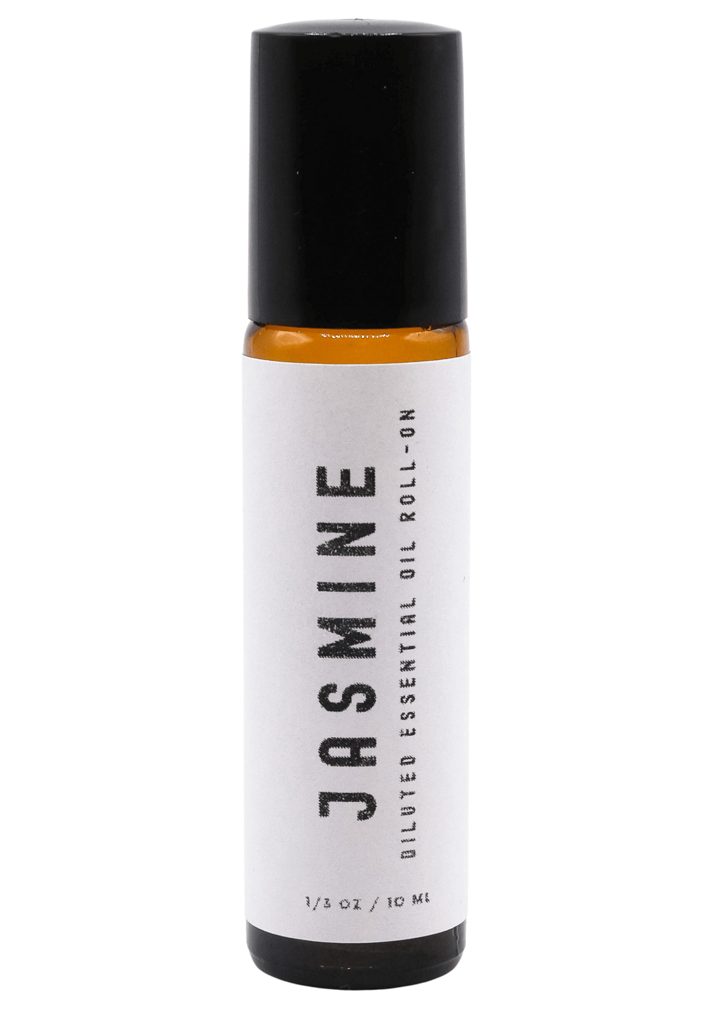 Roll-on bottle of Jasmine diluted essential oil on a white background