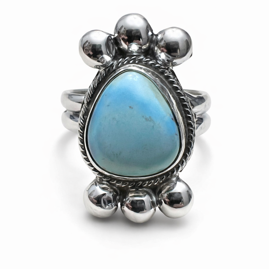 Adjustable Sterling Silver Ring with turquoise and gold accents featuring intricate design and natural stone details - Clover's Charm