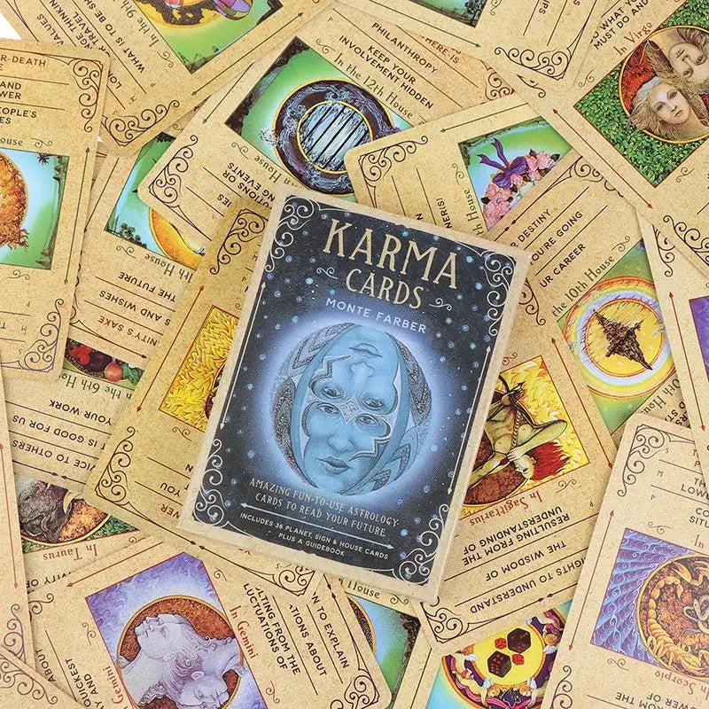 Karma Cards deck surrounded by tarot cards with colorful designs