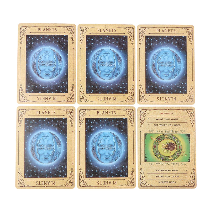 Set of tarot cards with astrological symbols on a white background