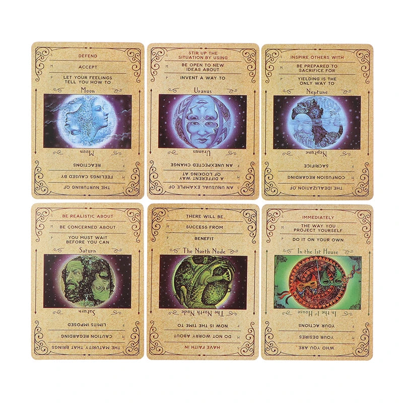 Set of six tarot cards with astrological symbols and text on a white background