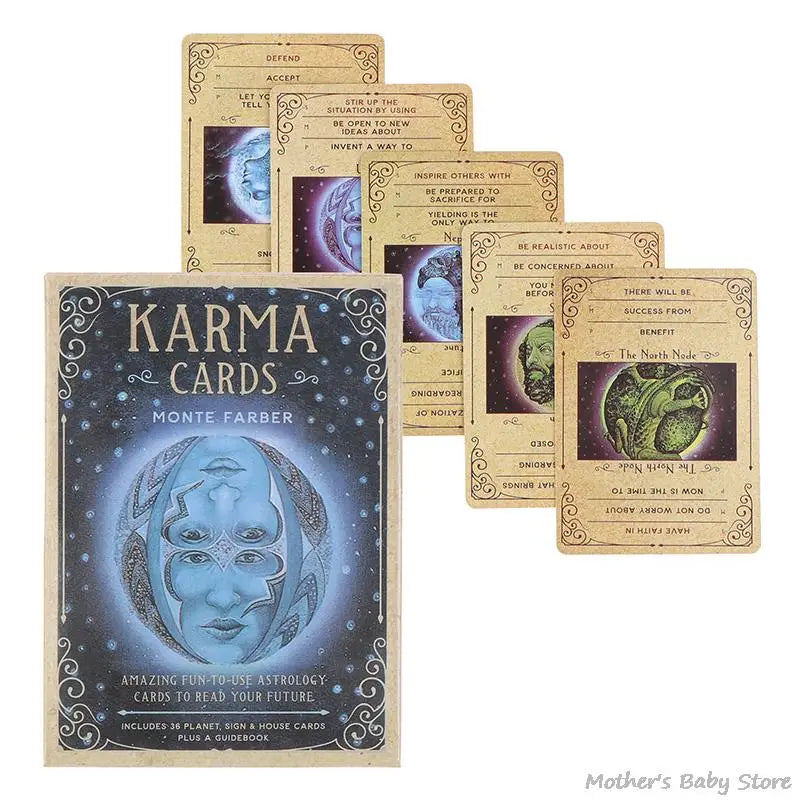 Karma Cards with a deck cover featuring astrological symbols on a white background