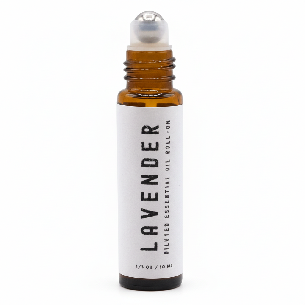 Lavender essential oil roll-on by with a clear glass bottle and rollerball applicator, ready for aromatherapy use.