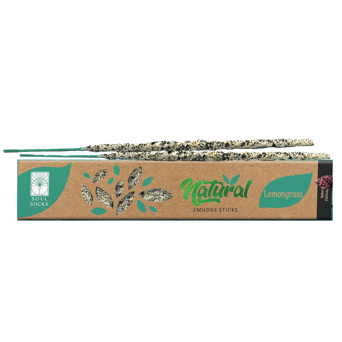 Box of Natural Lemongrass smudge sticks with visible incense sticks on a white background