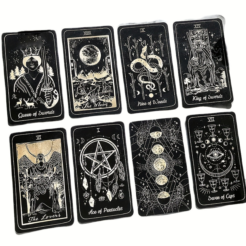Set of tarot cards with black and white illustrations on a white background