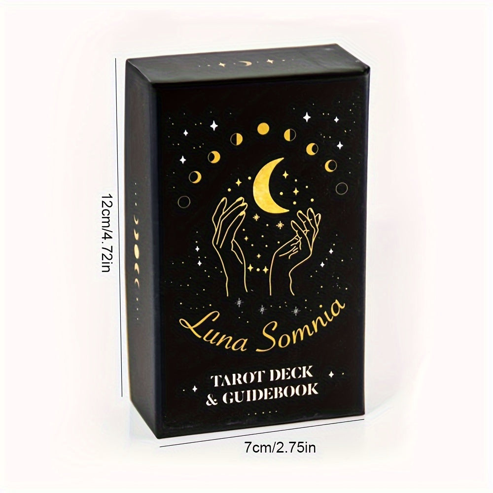 Luna Somnia Tarot Deck & Guidebook packaging with hands, moon, and stars design on a black background. With measurements.
