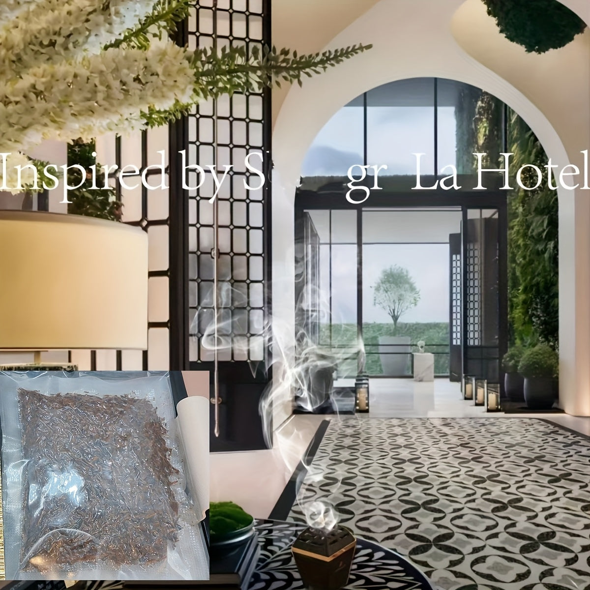 Modern interior design with a sofa, decorative pillows, and a large window view of a garden, onscreen text "Inspired by S gr LA Hotel".