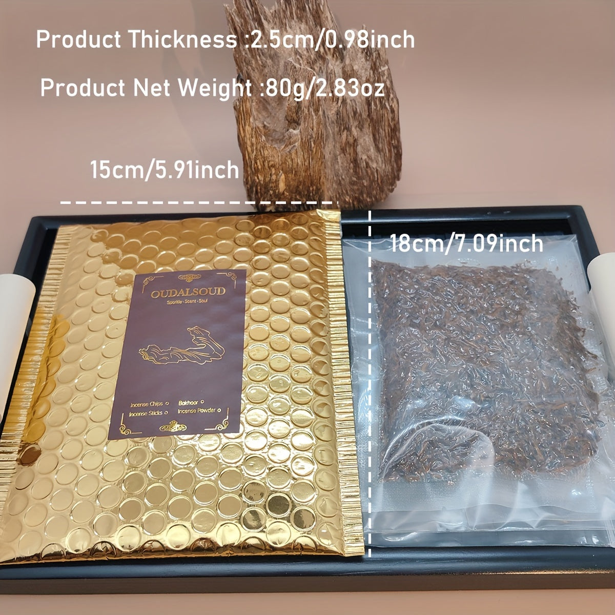 Luxury Oud Bakhoor Incense wood chips with packaging details for elegant home fragrance