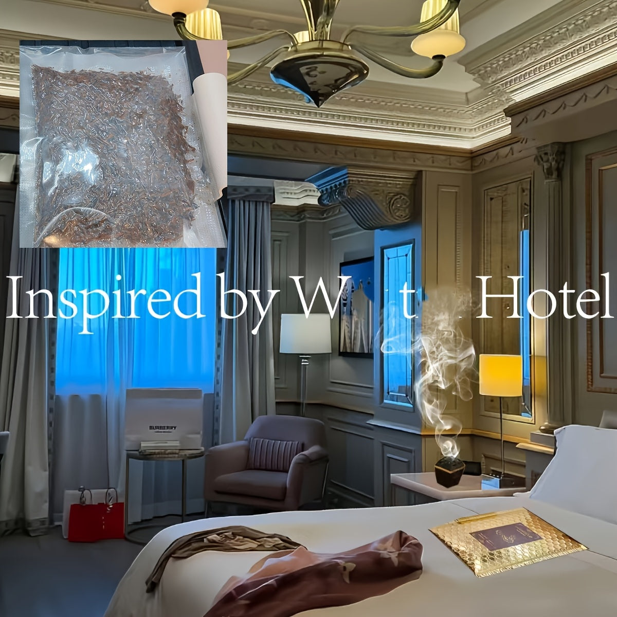 Luxurious hotel room with elegant decor and text 'Inspired by W Hotel'.