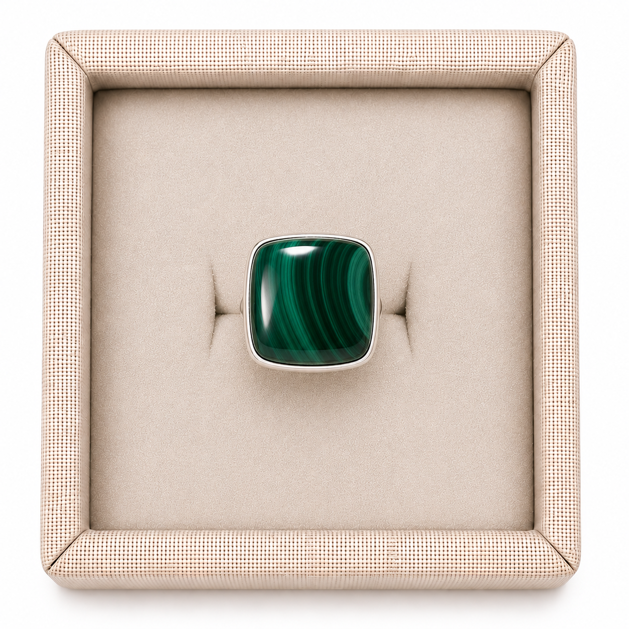Cushion cut malachite sterling silver ring in a display box on a white background. - Clover's Charm