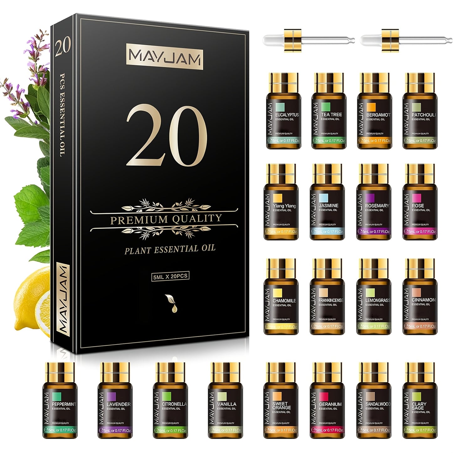 MAYJAM 20-piece essential oils set with black gift box and assorted 5ml fragrance bottles