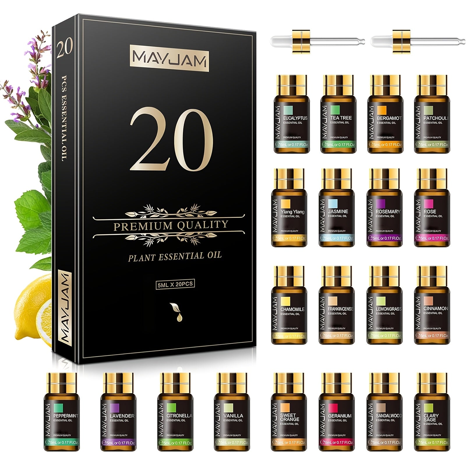 MAYJAM 20-piece essential oils set with black gift box and assorted 5ml fragrance bottles