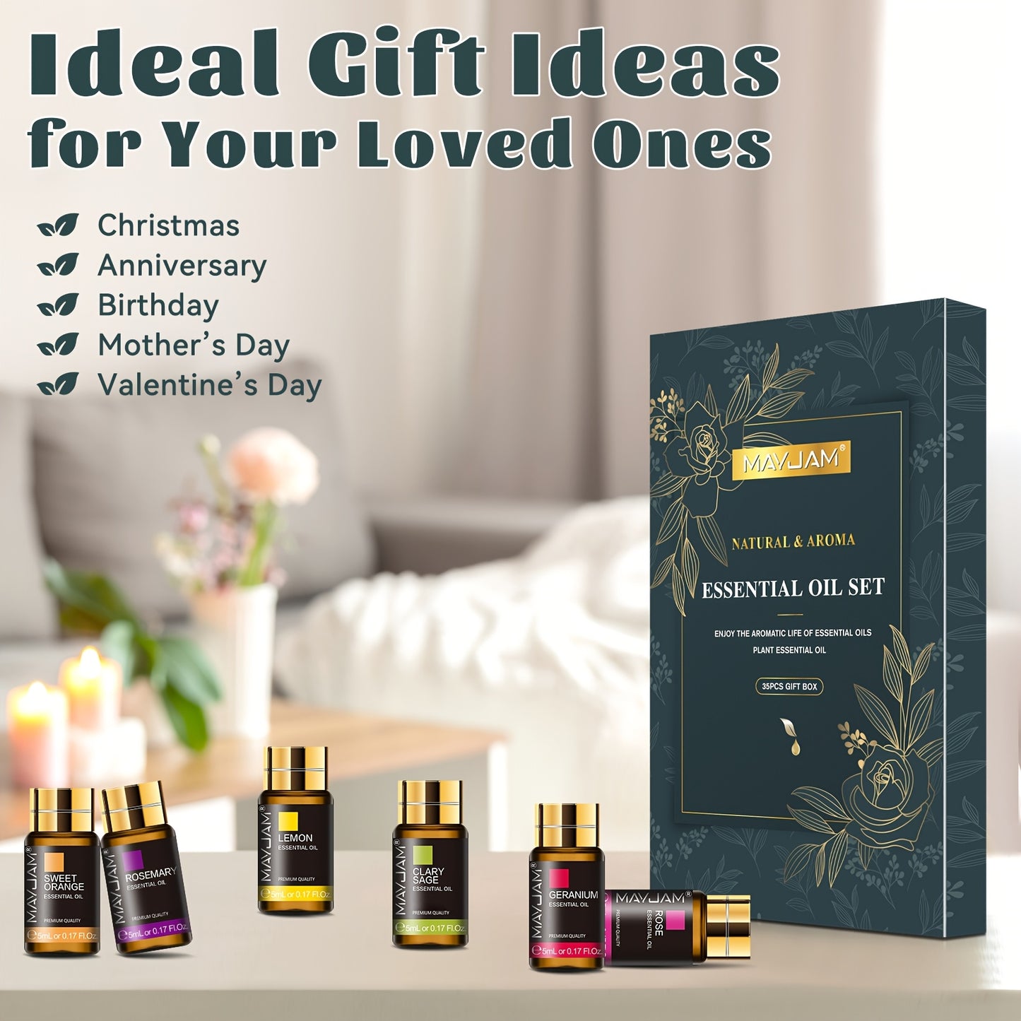 Essential oil set with packaging on a table in a cozy room setting.