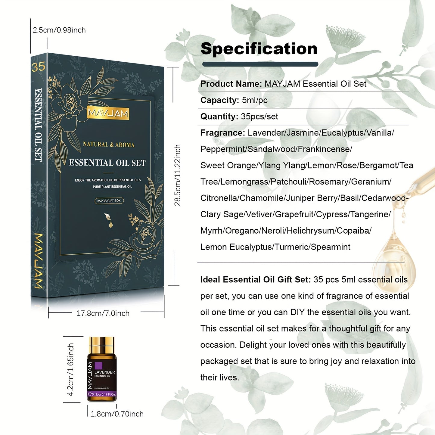 MAYJAM essential oil set packaging with specifications and product details.