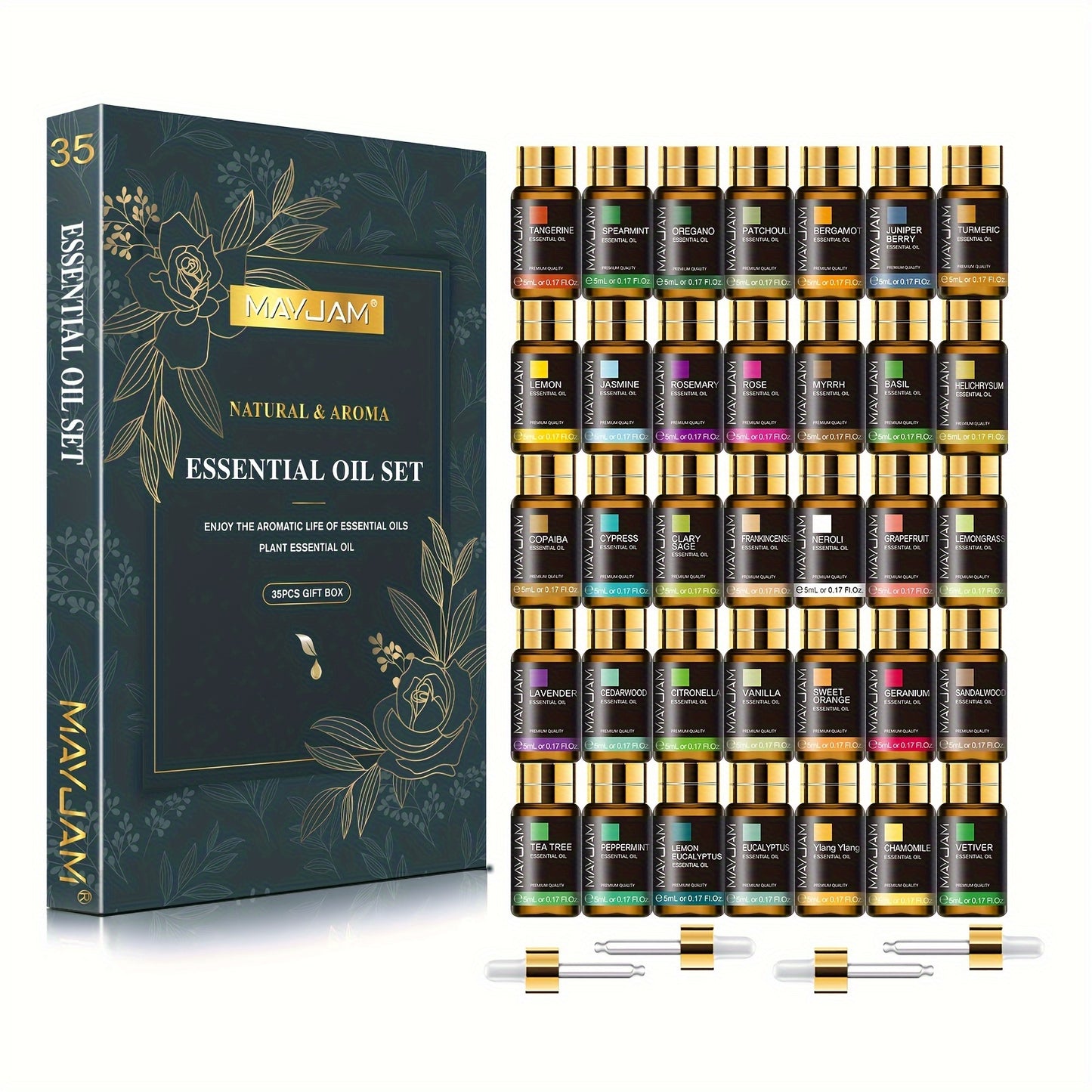 MAYJAM 35-piece essential oils gift set with 5ml amber glass bottles displayed alongside decorative storage box showing full fragrance collection