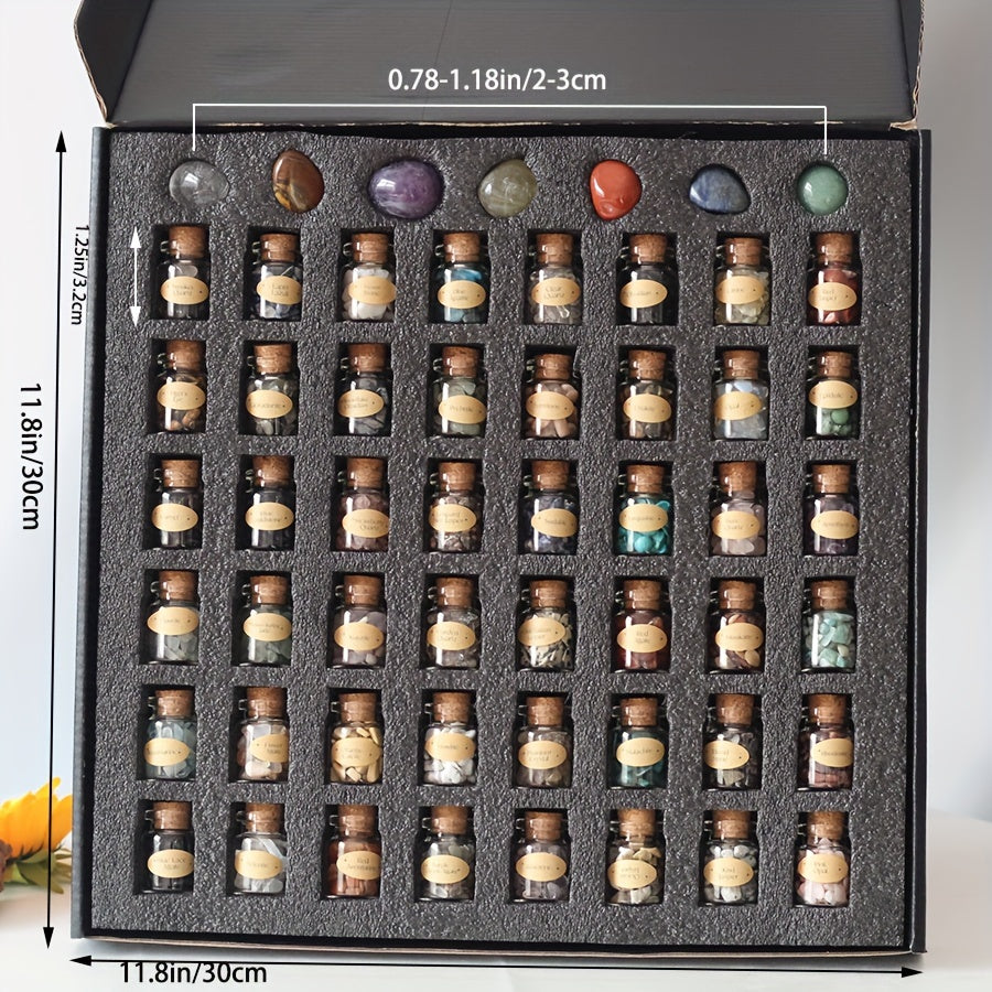 Box of small bottles with colorful contents, showing dimensions on a white background