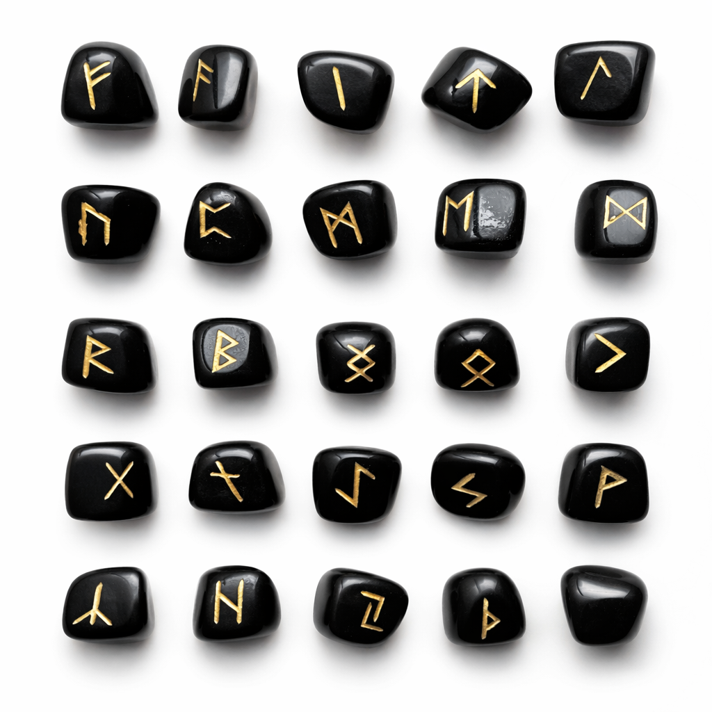 Set of black stones with gold Runes on a white background