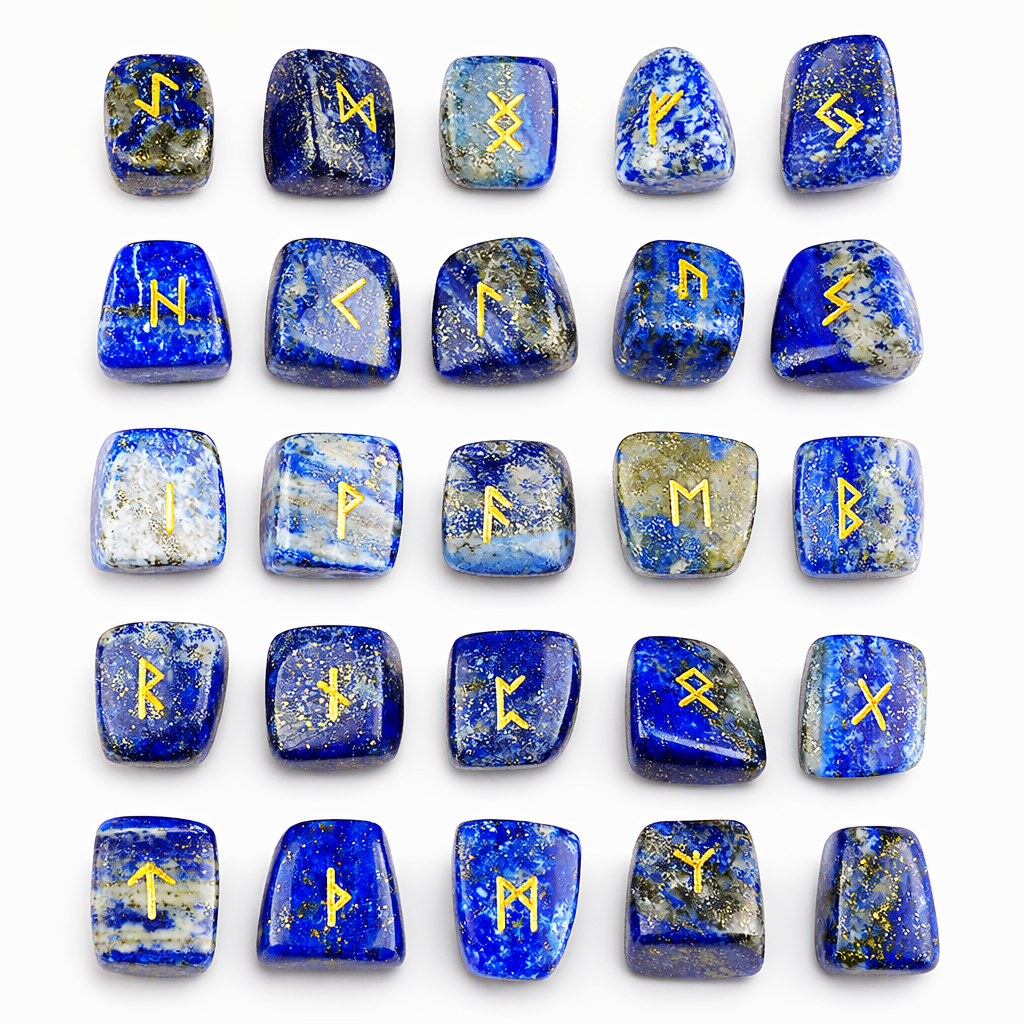 Set of blue stones with yellow runes on a white background