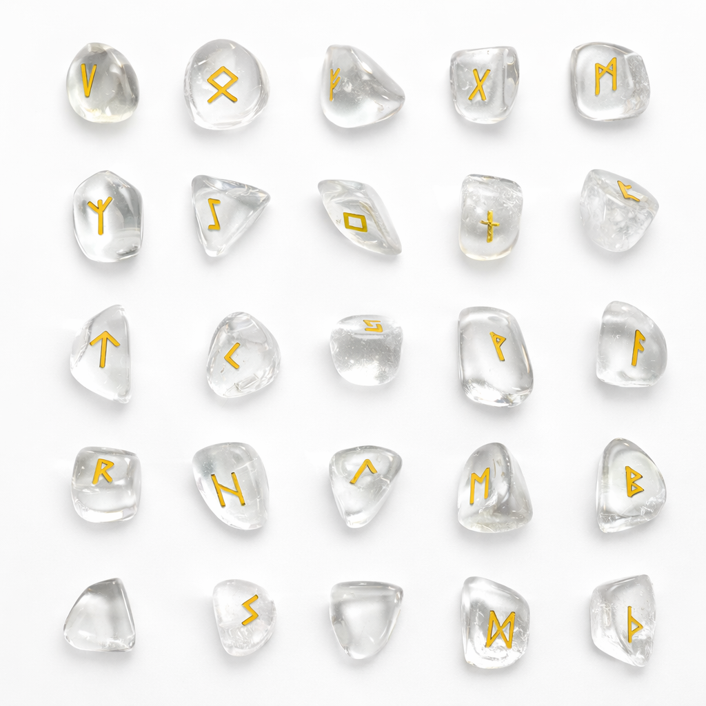 Set of clear crystal runes with gold symbols on a white background