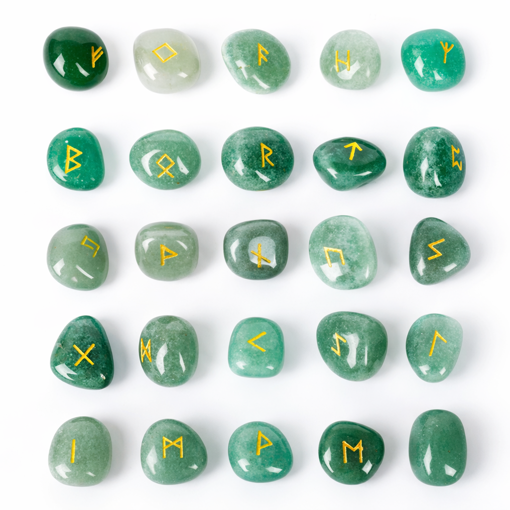 Green stones with yellow runes on a white background