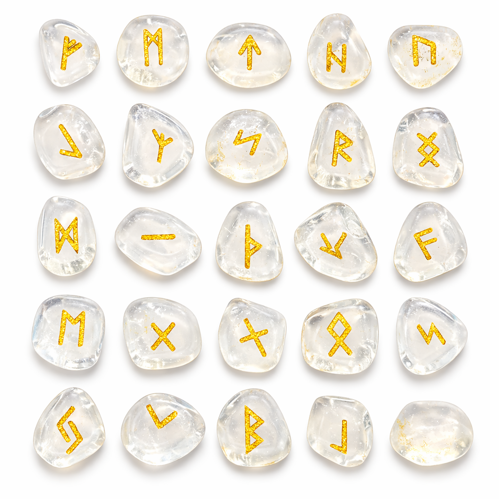 Set of clear crystal opalite Runes with gold symbols on a white background