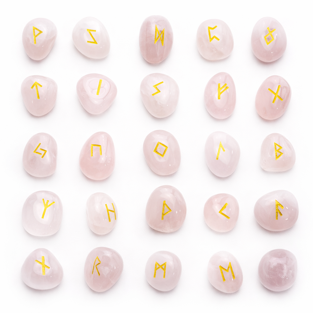 Set of rose quartz stones with Runes on a white background