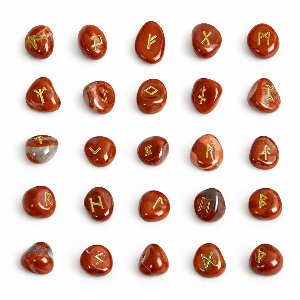 Set of red stones with gold runes on a white background