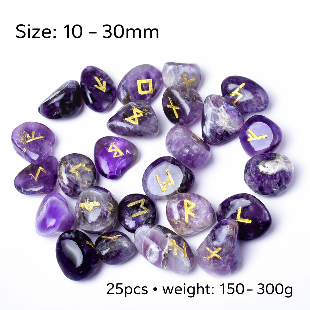 Purple stones with gold runes on a white background, size 10-30mm, 25pcs, weight 150-300g.