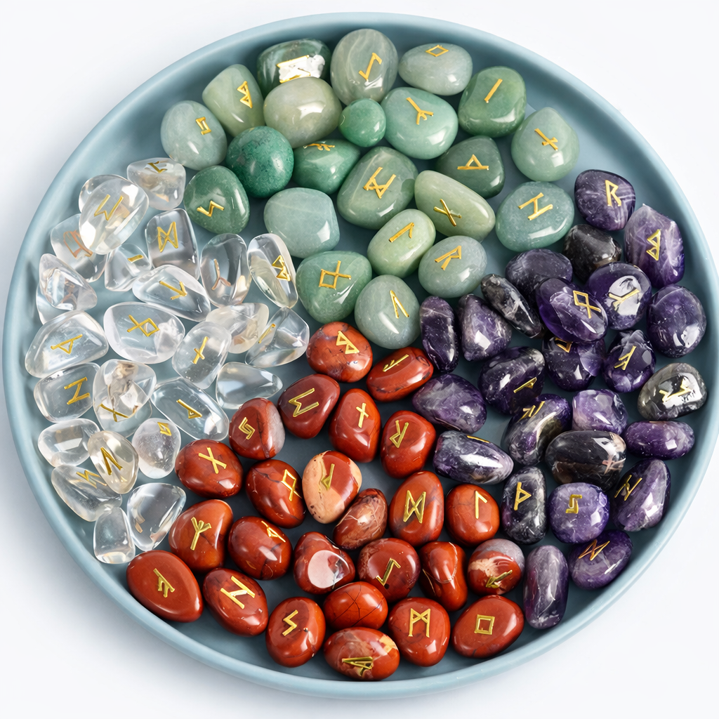 Set of colorful stones with Runes arranged in a circular pattern on a white background in a bowl