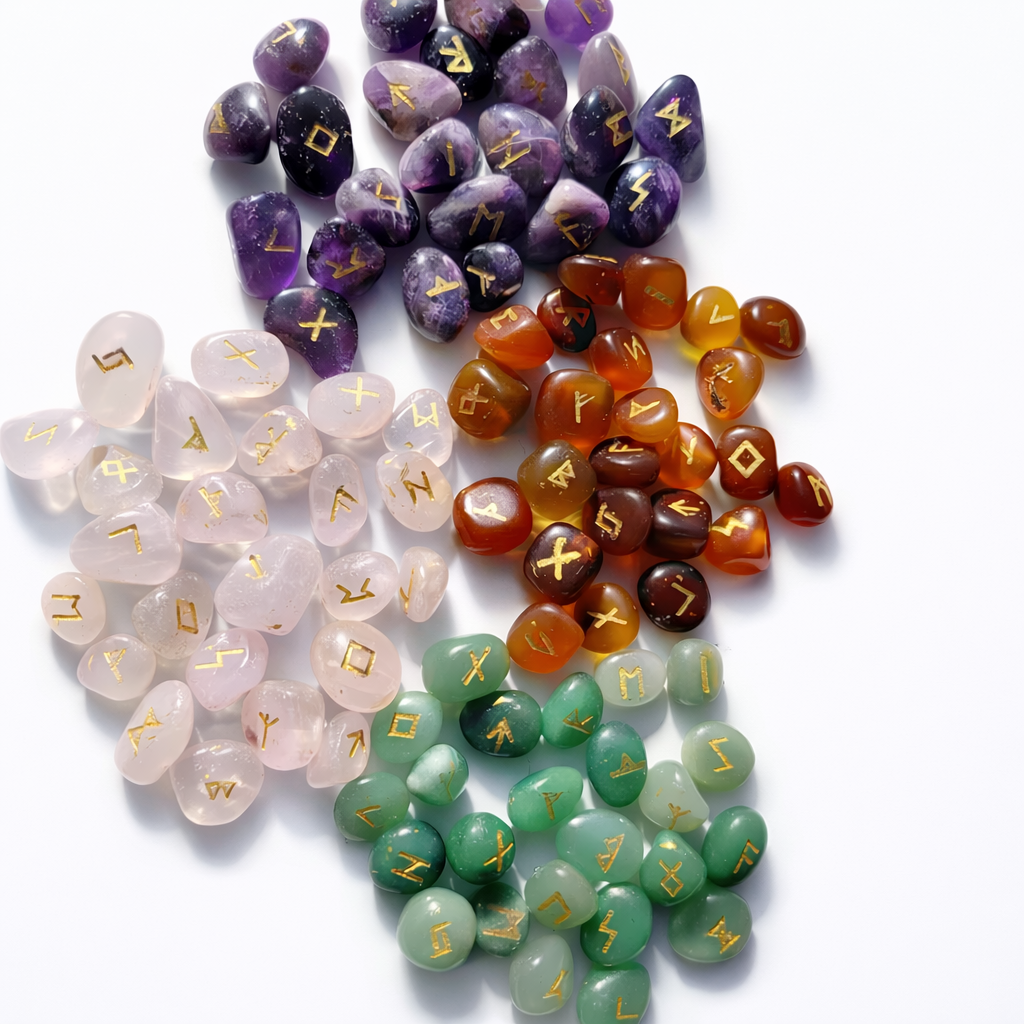 Four sets of colorful rune stones with engraved rune symbols on a white background