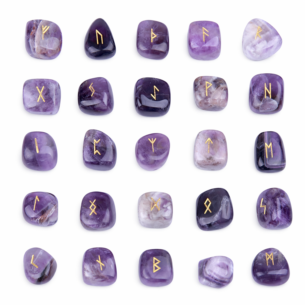 Purple crystal runes with gold symbols on a white background
