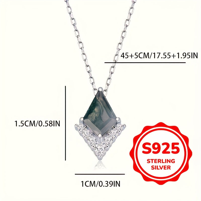 Silver necklace with gemstone pendant and measurements on a white background