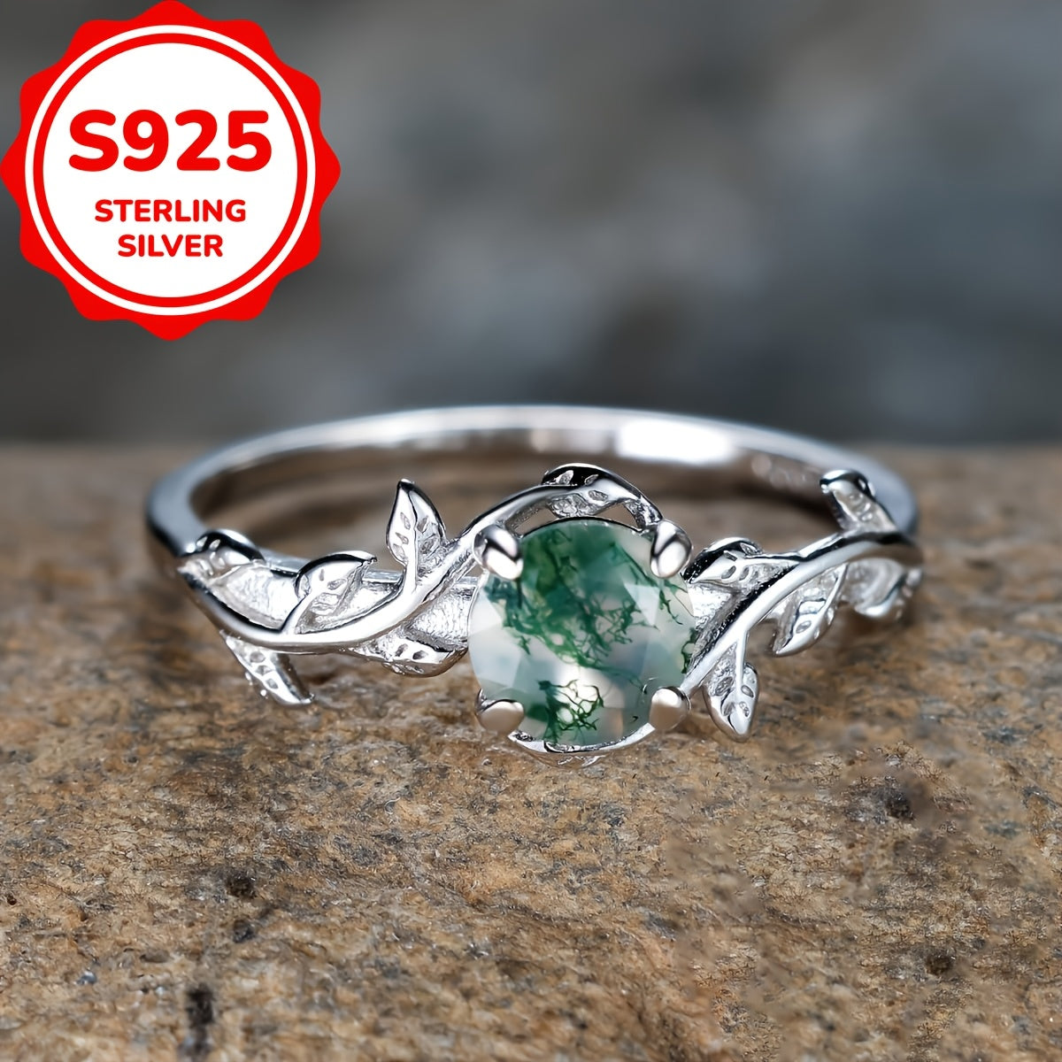 925 Sterling Silver Moss Agate Ring – Vintage Leaf Design Natural Stone Ring for Women on a granite top