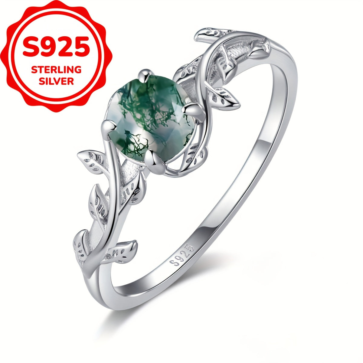 925 Sterling Silver Moss Agate Ring – Vintage Leaf Design Natural Stone Ring for Women on a white background