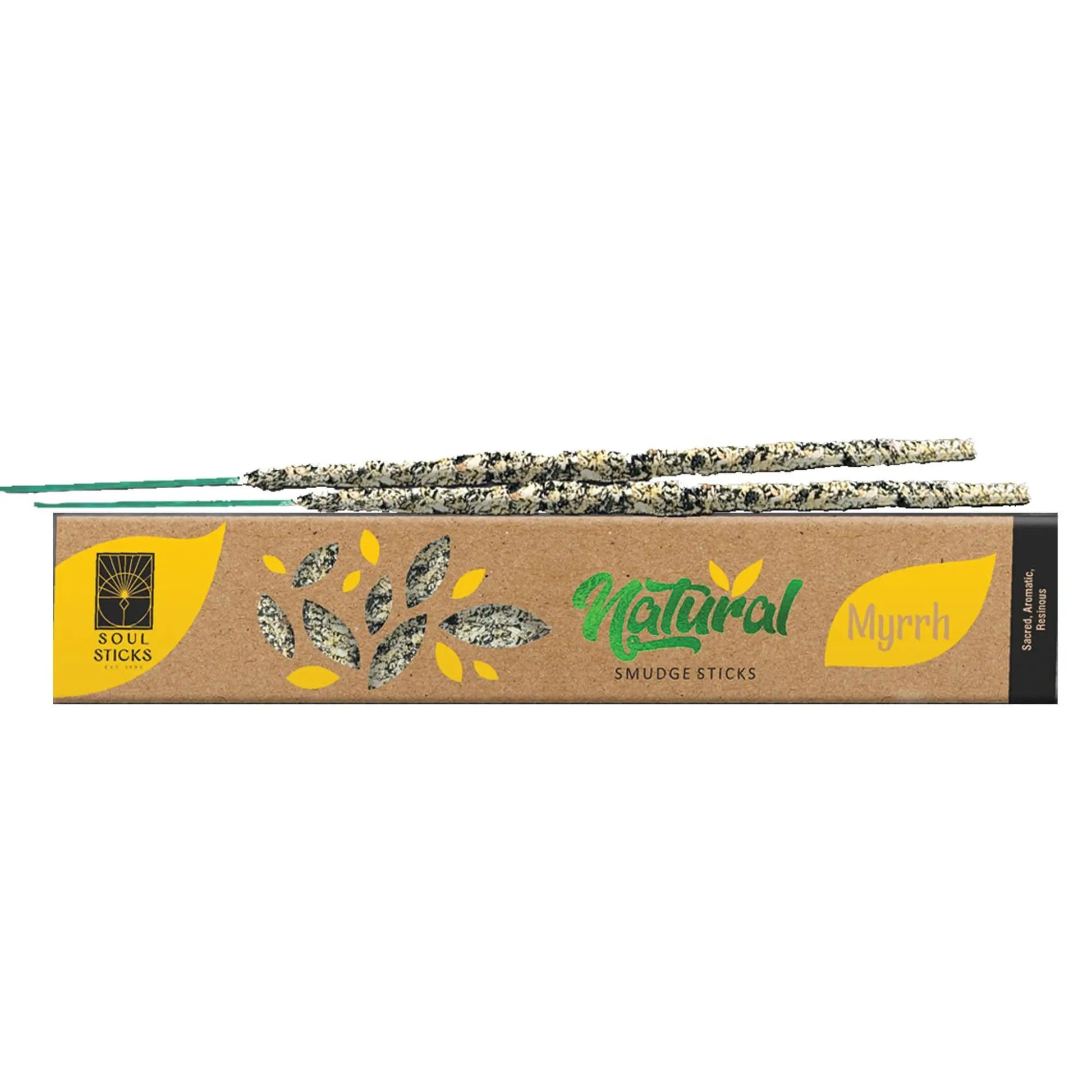 Box of natural myrrh smudge sticks with branding on a white background