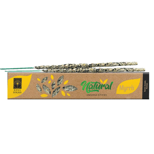 Box of natural myrrh smudge sticks with branding on a white background