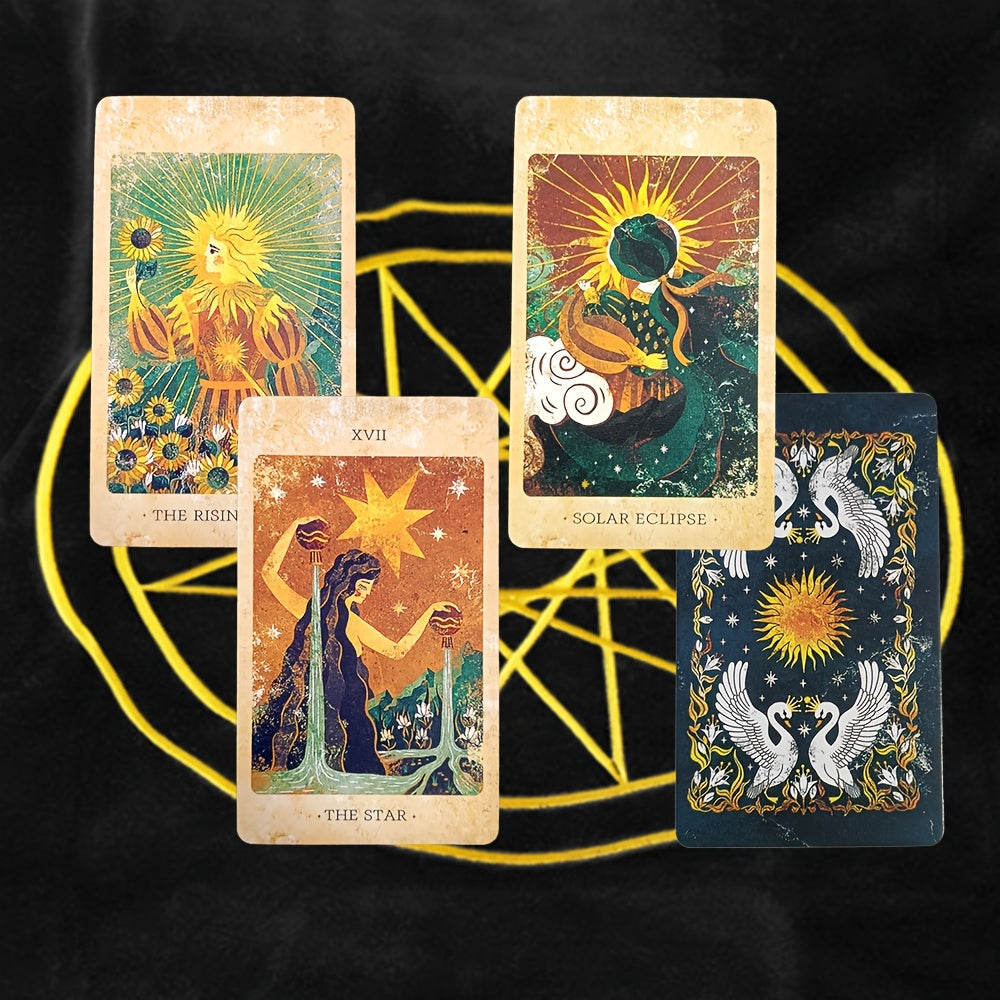 Four tarot cards with celestial designs on a black background with yellow geometric patterns.