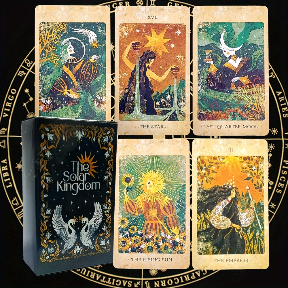 Collection of tarot cards from 'The Solar Kingdom' with decorative border and star signs.